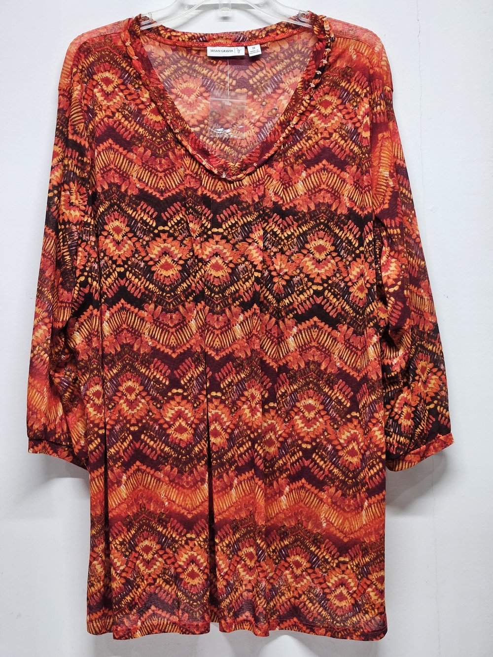 Susan Graver Top Womens Large Orange Mesh Blouse 3/4 Sleeve Bead Aztec Gypsy